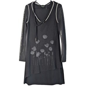 Tricotto Women's Small Black Mesh Fishnet Long Sleeve Floral Funky Stretch Dress